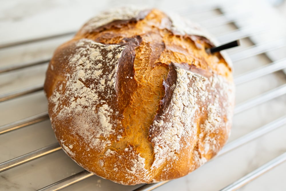 Insidan av yoghurtbröd i gjutjärnsgryta